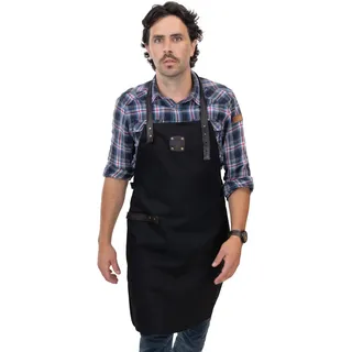 Angus Stoke Grill & Kochschürze aus Canvas/Baumwolle - Grillschürze variabel mit Leder-Riemen - Koch Schürze Danny (Schwarz) - Einheitsgröße