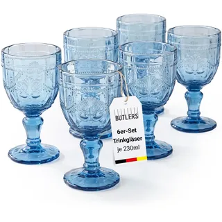 BUTLERS VICTORIAN Weingläser, 6er-Set mit Stiel, 230 ml | Blau, Trinkgläser Set, mundgeblasen, mit Stiel & Relief-Prägung, spülmaschinenfest, für Tisch, Garten & Party