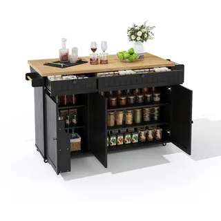 Kücheninsel 137x70x90 cm mit klappbarer Arbeitsfläche Natural+Black MDF mit Schubladen Türregal Handtuchhalter und arretierbaren Rollen
