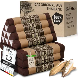 livasia Thaikissen mit 3 Auflagen - 175x50x8cm - Dreieckskissen mit Klappmatratze, Keilkissen Kapok, Rückenkissen faltbar, Thaimatte zum Klappen, handgefertigt, Meditationskissen (Braun/Elefanten)