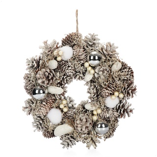 COM-FOUR® Türkranz für Weihnachten - weißer Adventskranz mit Christbaumkugeln - Dekokranz - Weihnachtsdeko - Tischkranz - Weihnachtskranz (weiß + silberfarbene Kugeln - 30cm)