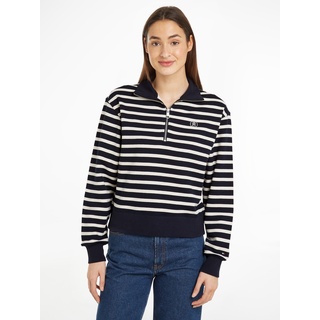 Sweater TOMMY HILFIGER "SMD BRETON STRIPE 1/2 ZIP HWK" Gr. XS (34), blau (blue stripe) Damen Sweatshirts -jacken