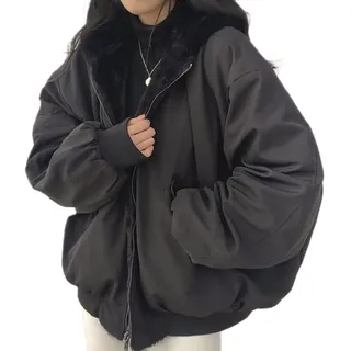 Vagbalena Damen Teen Girls Reversible 2000 Zipper Hoodie Sherpa Jacke Fleece Saison Mantel Can Vintage Muster Übergroße Ästhetische Sportarten (Schwarz,XL) - XL