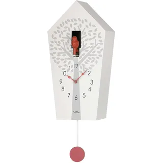 AMS 7286 Wanduhr - Moderne Kuckucksuhr mit Vogelgesang, Quarzpendelwerk, Nachtabschaltung, weiß lackiertes Holzgehäuse, Zwei Deko-Vögel inklusive, Maße: 20 x 39 x 11 cm, Gesamthöhe 51,5 cm