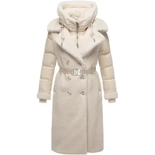 Navahoo Damen Langer Materialmix-Wintermantel warmer Plüschmantel mit angesagtem Materialmix und herausnehmbarem Einsatz mit Kapuze Kuscheltraum 14 Offwhite Gr. XXL - XXL