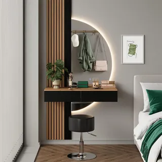 Vicco Schminktisch Melina, Eiche/Schwarz, 100 cm mit LED-Spiegel und Hocker