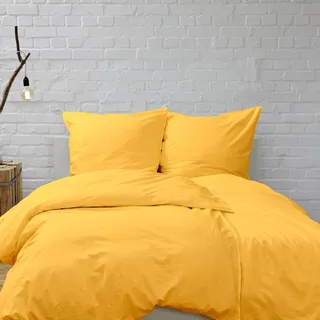 Hans-Textil-Shop Bettwäsche Gelb 140x200 cm Baumwolle – einfarbige Bettwäsche Uni mit Reißverschluss, 100% Baumwolle, schadstoffgeprüft, Bettbezug + Kissenbezug 70x90 cm, pflegeleicht & bügelfest