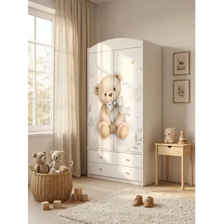 Kinderschrank groß Weiß mit Schubladen und Kleiderstange 88x187 cm Kinder Kleiderschrank 2-türig modern, bunte Aufkleber,Teddybär, - Weiß