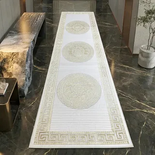 Teppich-Traum Kurzflor Teppich Orient Ornamente Creme Gold 80x300 cm | Pflegeleicht, strapazierfähig, schmutzabweisend, fußbodenheizungsgeeignet, OEKO-TEX geprüft, mit Glanzeffekt, 8 mm Flor