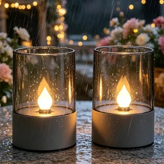 Lergas Solar Kerzen Outdoor, Solar Teelichter für Außen, Solar Tischlampe Outdoor, IP65 Wasserdichte Solarleuchte Gartendeko für Draußen, LED Teelichter Aufladbar für Garten Terrasse Balkon (2 Stück)