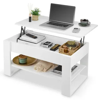 defiPad Couchtisch Weiß höhenverstellbar mit Stauraum und ablage, 92x51cm | 18-mm-Möbelplatte, Arbeitshöhe 45-61 cm, in Europa gefertigt, verstecktes Fach, Ablage 85 × 45 cm, Metall-Hebemechanismus