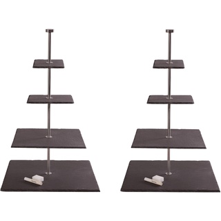 eGenuss 2er-Set Moderne 4-stöckige Etagere mit Edelstahlstange und eckige antrazite Schieferplatten | Inklusive Kreide und Schwamm
