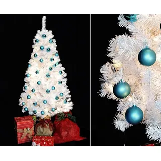 Weißer Weihnachtsbaum 180cm fertig geschmückt mit türkisen Kugeln und 192 LEDs v
