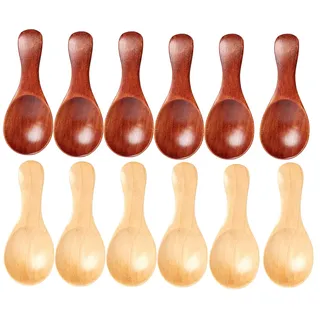 Kleine Holzlöffel,Mini Holz Teelöffel Kaffeelöffel Eis Salzlöffel Honig Kaffee Tee Zucker Salz Marmelade Senf Gewürze Holzlöffel für Küche Gewürzöl Eiscreme Milchpulver,12 Stück Mischfarbe 8x3.6cm