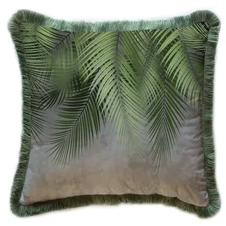 Casa Padrino Luxus Deko Kissen Palmenblätter Grau / Grün 45 x 45 cm - Bedrucktes Samt Kissen mit Fransen - Luxus Deko Accessoires