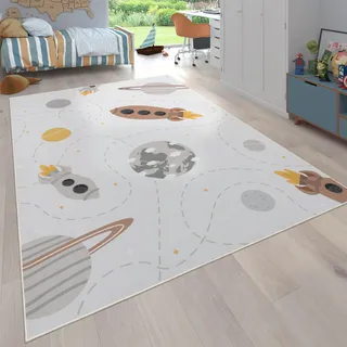 Paco Home Teppich Kinderzimmer Kinderteppich rutschfest Junge Mädchen Baby Spielteppich Rakete Planet Sterne Modern Waschbar Beige Braun Gelb, Grösse:160x220 cm