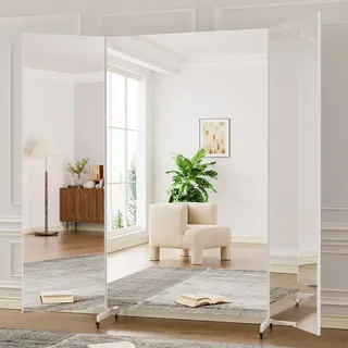 brisafe 240 x 210cm Ganzkörperspiegel, Dreifach Faltbarer Standspiegel auf Rollen, 3 Wege große Spiegel Unzerbrechlicher Fitness Tanzspiegel für uhause, Fitnessraum Studio, Schlafzimmer, Weiß