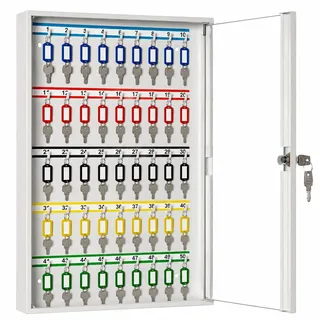 LEOMAR Schlüsselschrank, Schlüsselkasten mit 50 Haken, Schlüsselbox aus Stahlblech mit Glastüren, mit Festen Hakenleisten, Organizer zur Wandbefestigung, Abschließbar, 6 x 35 x 52 cm