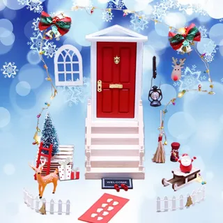 Qivine 27Pcs Weihnachtswichtel Tür Set, Miniatur Wichteltür Beleuchtet mit Briefkästen, Bastelvorlagen Wichtel Set Komplettset mit Miniatur Zäun, Leiter, Kranz