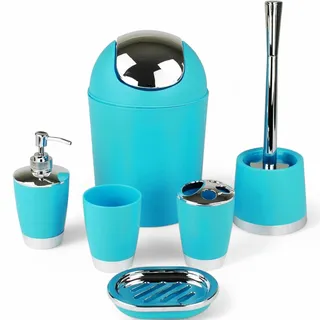 6tlg Badset Badezimmer Zubehör Set Organizer: Seifenspender, Zahnputzbecher, Kosmetikeimer, WC Bürste und Halter, Seifenschale, Mülleimer, Zahnbürstenhalter, Badgarnitur (Türkis Design 1)