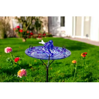 Gartenstecker mit Vogelbad - Blau - Handgefertigtes Glas - Weiß - Vogel auf Stock - Gartendekorationen - Gartenindeco für den Außenbereich - Gartendekor - Tiere für den Außenbereich