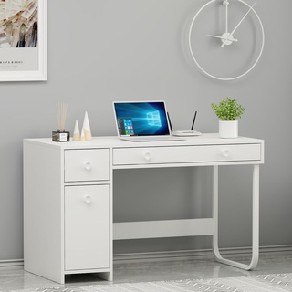 Schreibtisch Asil Weiß, Computertisch mit Metallfüße, Kinderschreibtisch Holz, Arbeitstisch mit 2 Schubladen und 1-Türig, 120x73,8x60 cm, 9741