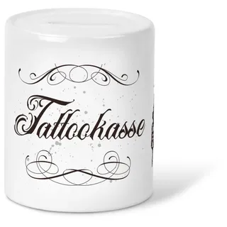 GRAVURZEILE Spardose - im Tattookasse Design - Tattoo Kasse mit Schnörkel Tribal - Geschenkidee zum Sparen oder als Gutschein für das nächste Tattoo - Geschenk für Sie & Ihn