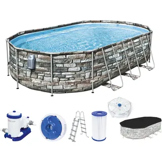Bestway Power Steel Comfort Jet Series Frame Pool-Set mit Filterpumpe 610 x 366 x 122 cm, Steinwand-Optik (Naturstein), oval