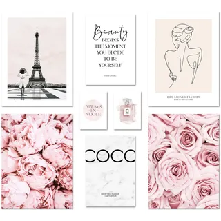 ARTFAVES® Poster Set - COCO ROSE - mehrteilige Wanddeko Wohnzimmer & Schlafzimmer - 8 moderne Wandbilder Rose, Fashion, rosa, Glamour, Blumen, Paris - ohne Bilderrahmen