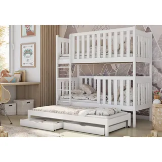 Kids Collective Hochbett 80x180 cm mit Ausziehbett aus Massivholz, zwei Schubladen, Lattenrost, extra hoher Rausfallschutz, umbaubar in 3 Einzelbetten, weiß, | Weiß