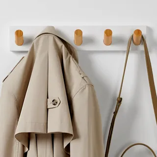 LARHN Garderobenleiste Weiß - 5 Haken XL Holz - 42 cm Garderobenhaken | Bambus, XL-Haken, Inkl. Montagevideo & Montagematerial, hält Mäntel, Jacken & Taschen, für Kinderzimmer, Flur & Diele