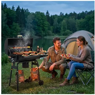 TLGREEN Holzkohlegrill BBQ Smoker Grill mit Schornstein,Thermometer & abnehmbarem Aschekasten, Mobiler Gartengrill mit klappbaren Ablagen und 2 Rädern, Outdoor Räuchergrill für Garten, Terrasse, Camping schwarz