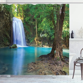 ABAKUHAUS Wasser Duschvorhang, Asien Thailand Dschungel Bäume, mit 12 Ringe Set Stielvoll Modern, 175x200 cm, Grün braun Türkis