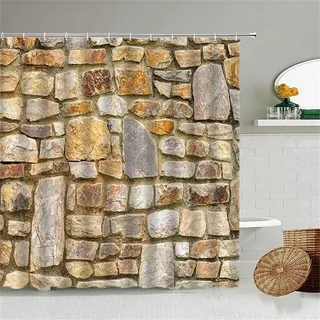 HATEGE Duschvorhang Anti-Schimmel Vintage Steinmauer 3D Duschvorhänge 200x200 Landhausstil Duschvorhang Textil Waschbar Wsserdicht für Badezimmer Badewanne Badevorhang Bad