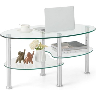 COSTWAY Glastisch, Couchtisch Glas, Oval, Metallrahmen, 50x90x45cm weiß