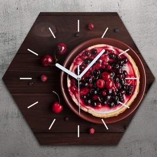 Uhr hexagonal 40 cm Glas Geräuschlos weiße Zeiger - Pfannkuchen Himbeere Kirsche