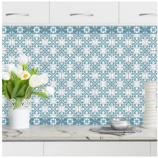 Bilderdepot24 Küchenrückwand blau dekor Fliesenoptik Muster Geometrischer Fliesenmix Blaugrau, (1-tlg., Nischenrückwand - für Fliesenspiegel ohne Bohren - matt), Spritzschutz Rückwand Küche Herd - Folie selbstklebend versch. Größen blau 50 cm x 50 cm