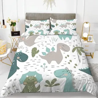 XPINGO Erwachsene Bettwäsche Dinosaurier 220x240 cm 3teilig Jungen und Mädchen Mikrofaser Weiche Winter Warm Bettbezüge mit Reißverschluss 3D Kawaii Dino Bettbezug mit 2 Kissenbezüge 80x80 cm