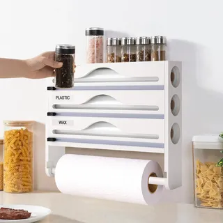Folienschneider Frischhaltefolienspender mit Schneider und Küchenrollenhalter, Alufolienspender und frischhalte & Gewürzregal, Küche Wandrollenhalter für Frischhaltefolie und Alufolie Kompatibel 12"