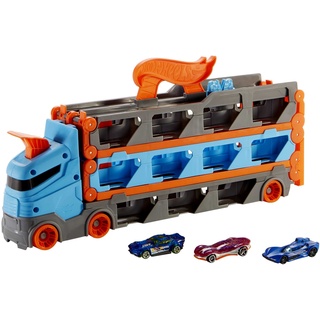Hot Wheels 2:1 Autorennbahn zu Transporter, inkl. 3 Spielzeugautos, mit Doppelstarter, Auslösefunktion und Weiche, Platz für 20 Autos, Spielzeug ab 4 Jahre, GVG37