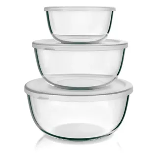 Arendo Salatschüssel 3er Set mit Deckel, Glasschüssel 1,1L / 2,7L / 4,4L, Glas Rührschüssel, Glas, (Set, 3-tlg), Glasschale, BPA-frei, Spülmaschinen und Mikrowellen geeignet weiß