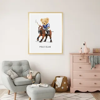 Bild mit Rahmen QUEENCE "Polo Club Teddy Bär auf Pferd", gold (farbe rahmen: beige, farbe bild(er): braun), B:50cm H:70cm T:1,5cm, Acrylglas, Holzrahmen, Bilder, HD Premium Poster-Druck inkl. Echtholzrahmen in beige