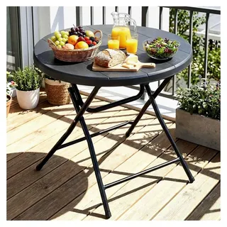 Runder Gartentisch in Holz-Optik, Klapptisch, kleiner Esstisch HxD: 74x80 cm, Balkontisch mit Stahlrahmen, wetterfester Campingtisch, pflegeleicht,...