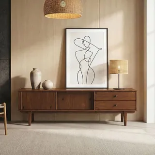 IDIMEX Lowboard Simona 175 cm aus Massivholz, Kastanie Finish - TV Konsole mit 2 Schiebetüren und 2 Schubladen, Kiefer Massivholz, niedriges Sideboard für Wohnzimmer