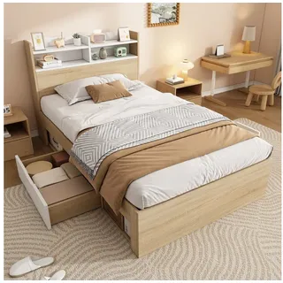 i@home Einzelbett Holzbett (zweifarbiges Stauraumbett mit Kopfteil-Ablage, 2 Schubladen), 90x200 cm Eiche beige 90 cm x 200 cm