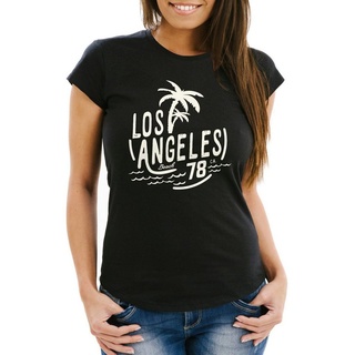 Neverless Print-Shirt Damen T-Shirt Los Angeles Beach Palmen Surf Print Slim Fit Neverless® mit Print schwarz L