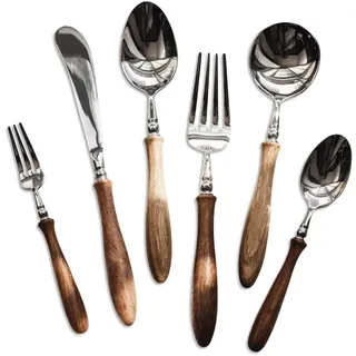DUddTTW Besteck Set Besteck-Set, 4/6-teilig, Messer, Gabel, Löffel mit Holzgriff, Geschirr-Set, Edelstahl-Menügabeln, Küchentischlöffel prägnant