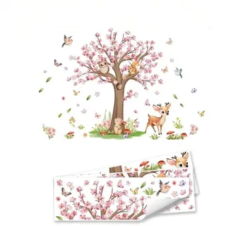 Wandtattoo Mit Rosa Kirschblüten - Großes Wandtattoo Mit Waldtieren - Wanddekoration Mit Fuchs Und Reh - Kinderzimmer - Babyzimmer - Wohnzimmer