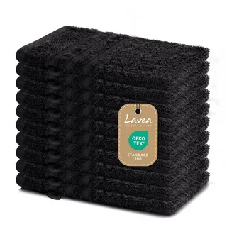 LAVEA Lavea® 10er Waschhandschuh Set Elena, 10 Stück, 100% Baumwolle, Frottee, Waschlappen, saugstark, weich, für Körper und Gesicht, waschbar 60 °C, trocknergeeignet, Schwarz, 15 x 21 cm