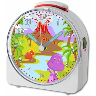 CreaDesign, WU-71-1122, Dino, analog Kinderwecker weiß, Funkwecker mit Sweep-Uhrwerk und fluoreszierenden Zeiger und Licht, personlisiert mit Namen, 10,2 x 4,6 x 11 cm